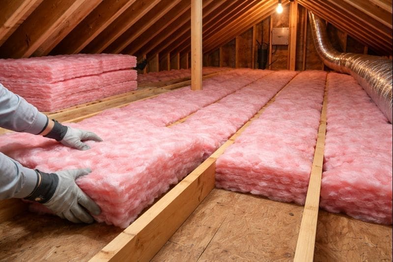 person installing pink fiberglass insulation in attic