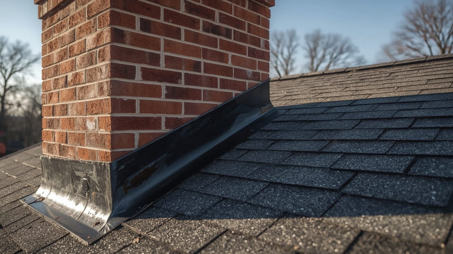 Full chimney flashing system with step and counter flashing on residential roof