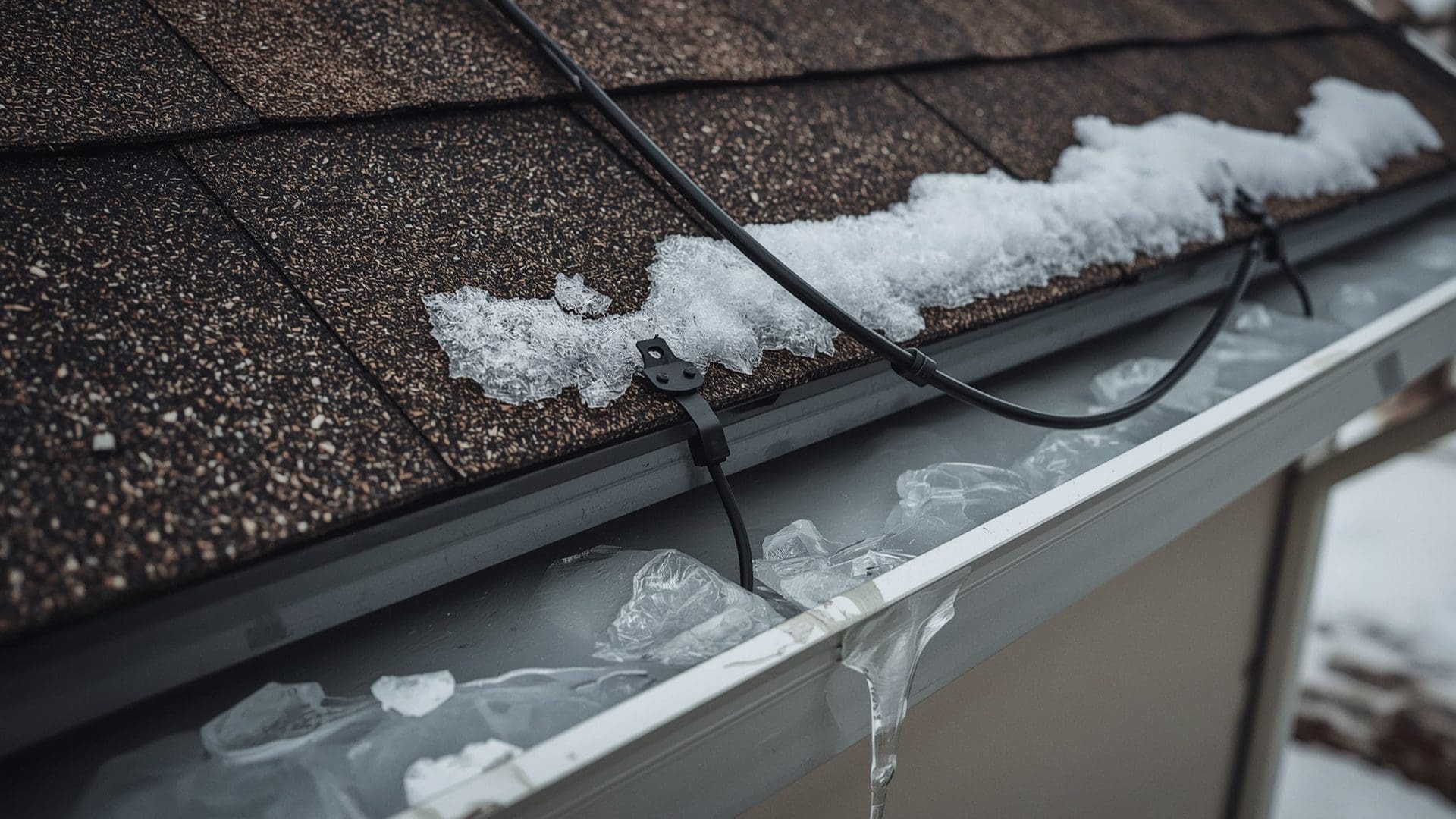Self-regulating heat cable installed in zigzag pattern on snowy roof eave